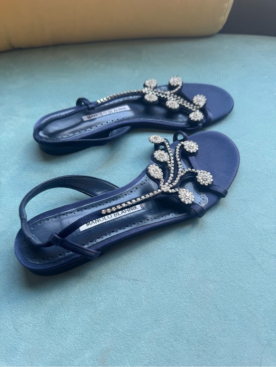 Manolo Blahnik Shoes - Manolo Blahnik Navy Crystal-Embellished T-Strap Sandals
